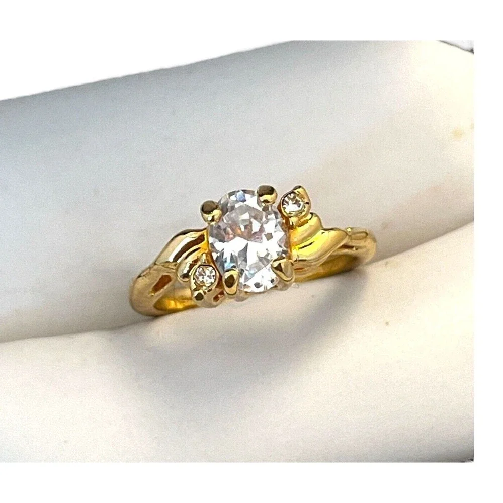 Vintage 1970s Vargas CZ Solitaire Ring 18KT Gold Plate Size 7 Engagement 5T